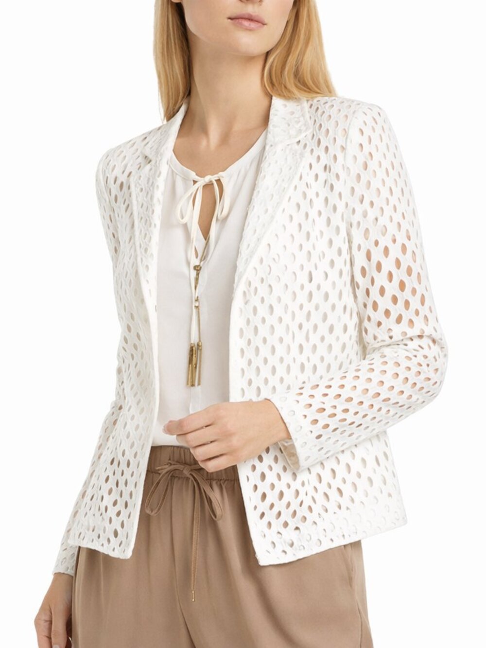 Marc Cain White Lace Blazer Size M Open Front Mesh Jacket Designer